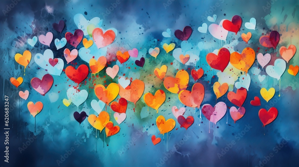  a painting of many hearts floating in the air on a blue background with watercolor stains and spray