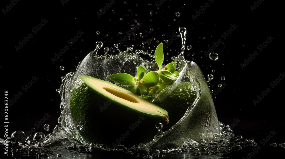  an avocado splashing into the water on a black background with a splash of water on the top of the 