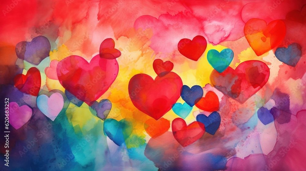  a painting of many hearts on a red background with a blue sky in the background and a red sky in th