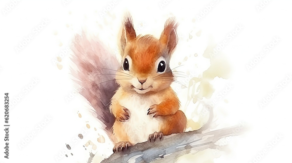  a watercolor painting of a squirrel sitting on a tree branch with its paws on the ground and lookin