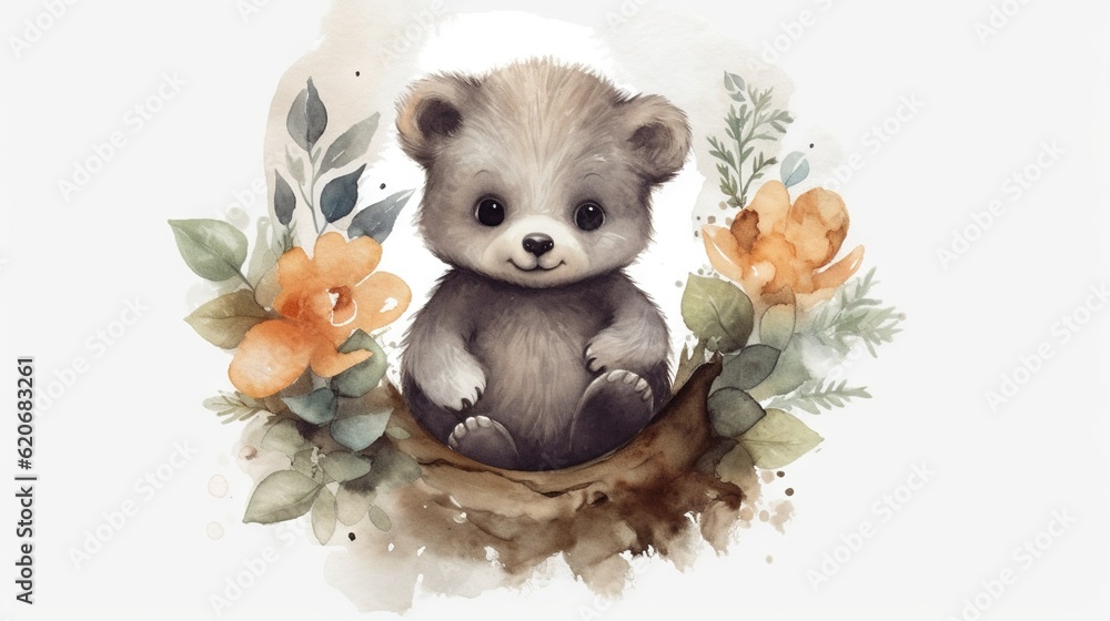  a watercolor painting of a baby bear sitting on a branch with flowers around its neck and a white 