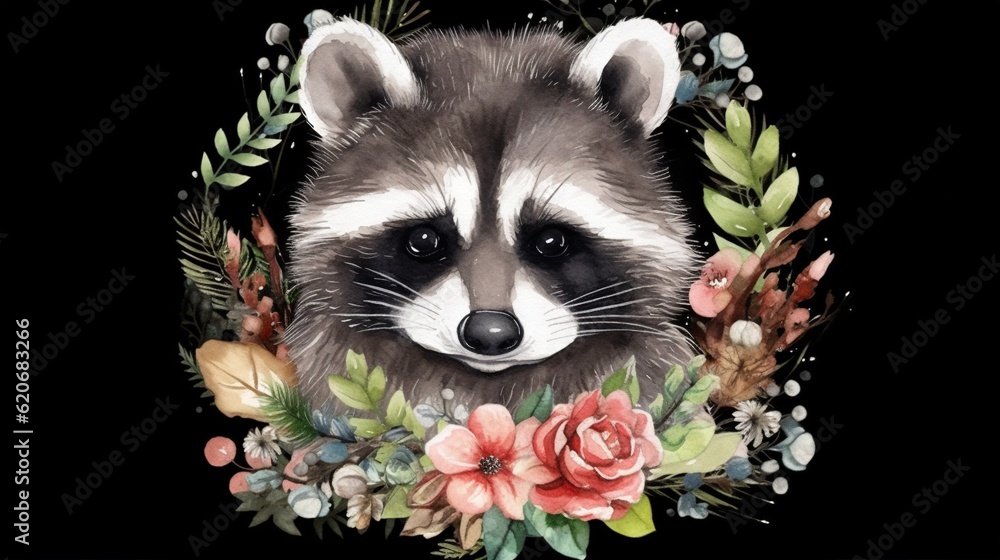  a painting of a raccoon surrounded by flowers and leaves on a black background with the words racco