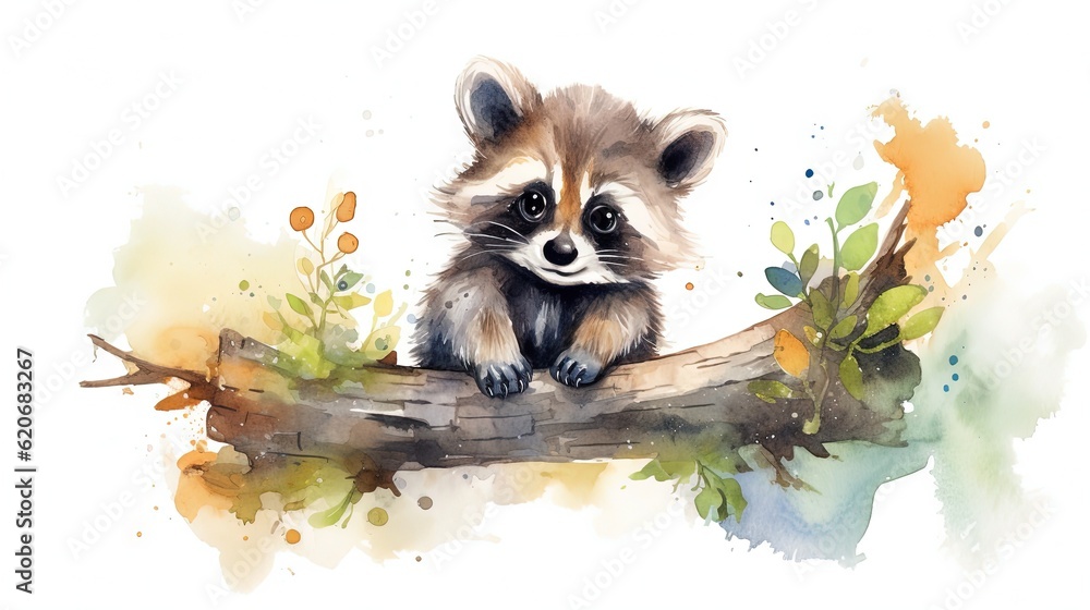  a painting of a raccoon sitting on a branch with watercolor paint splatters on its sides and a whi