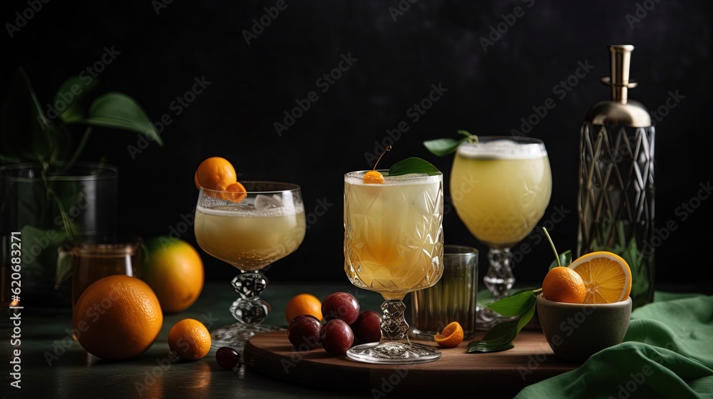  a table topped with glasses filled with different types of drinks and fruit next to a bottle of alc