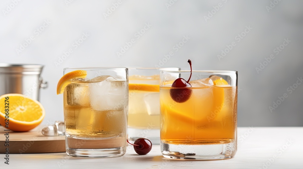  a couple of glasses filled with drinks next to a couple of oranges and a cup of ice water on a tabl