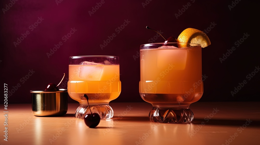  a couple of glasses filled with drinks on top of a table next to a pot and a cup with an orange sli