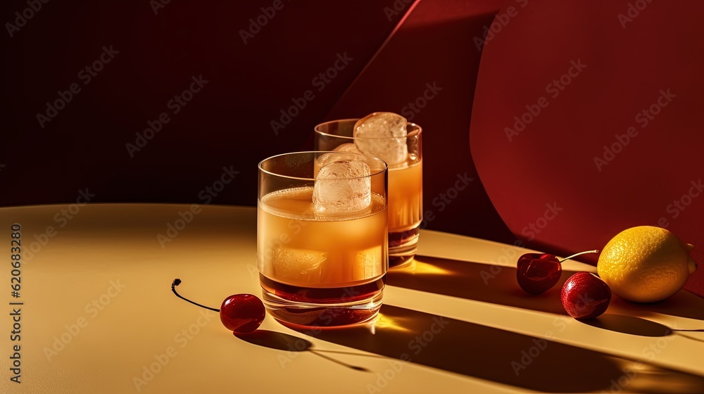  two glasses of ice tea with cherries on a table with a red wall in the background and a lemon and a