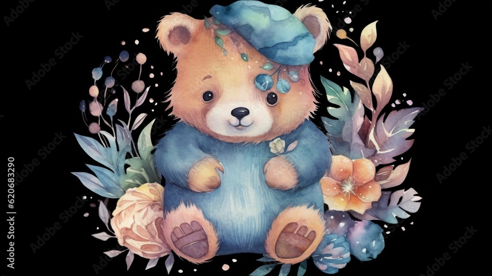  a watercolor painting of a teddy bear with a blue hat and flowers on a black background with leaves