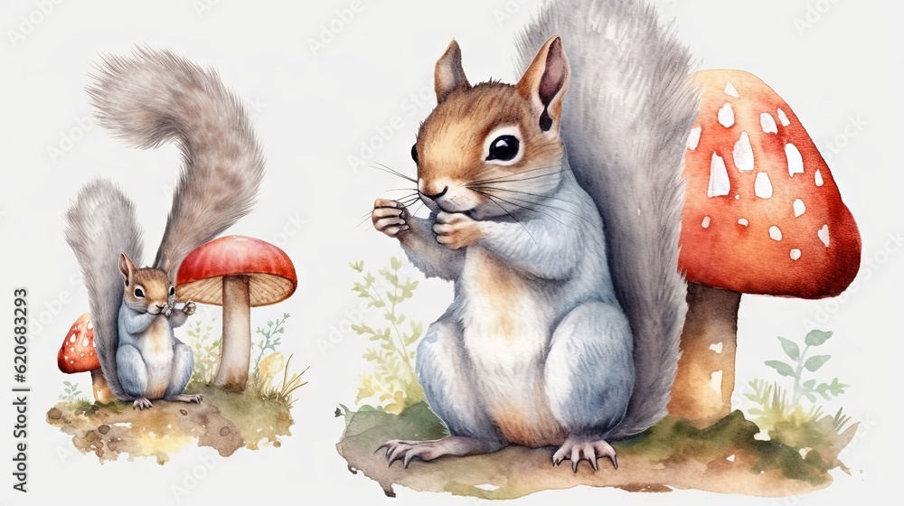  a painting of a squirrel and a squirrel on a mushroom patch with a mushroom in the foreground and a