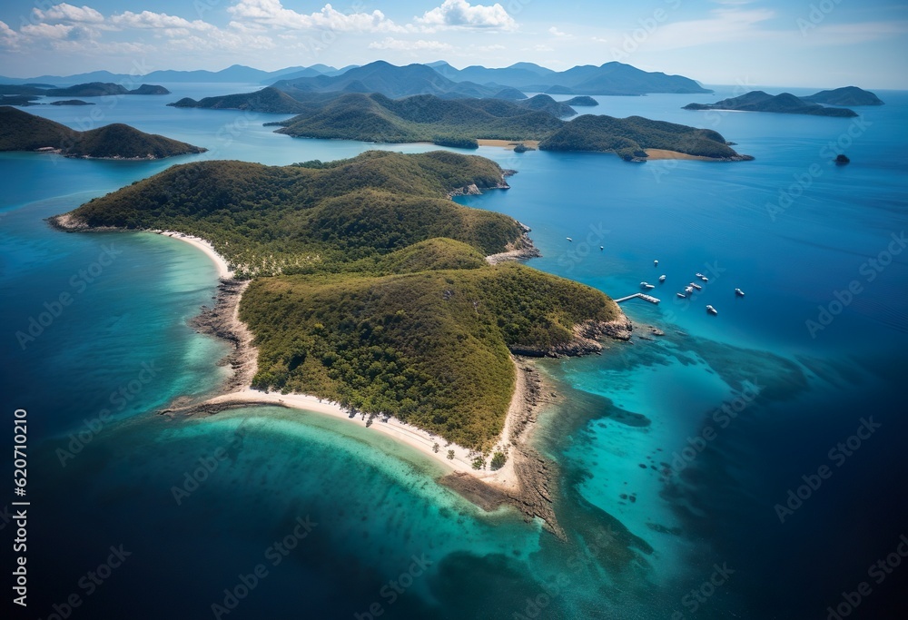 Aerial Drone View of a tropical island with lush