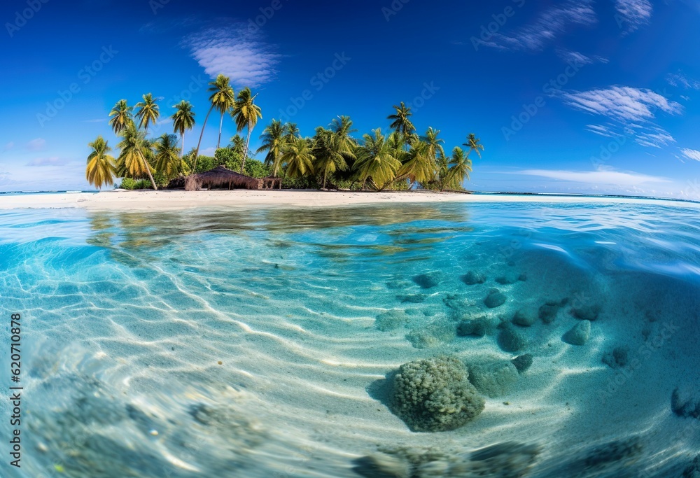 Tropical beach panorama on Fakarava French Polynes