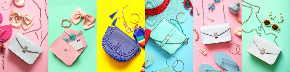 Collage of stylish female handbags and summer accessories on color background