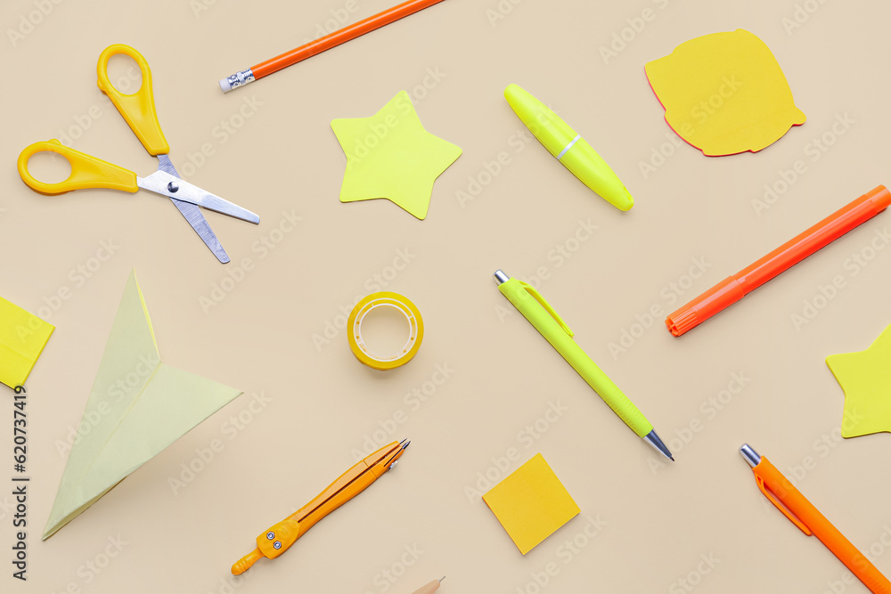 Composition with bright stationery on color background