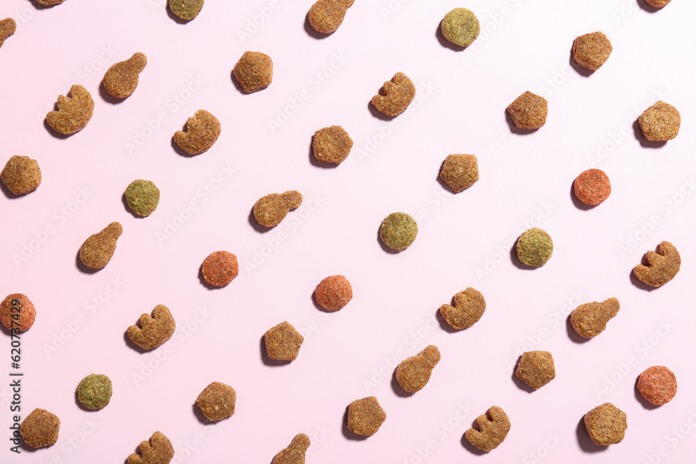 Composition with dry pet food on pink background