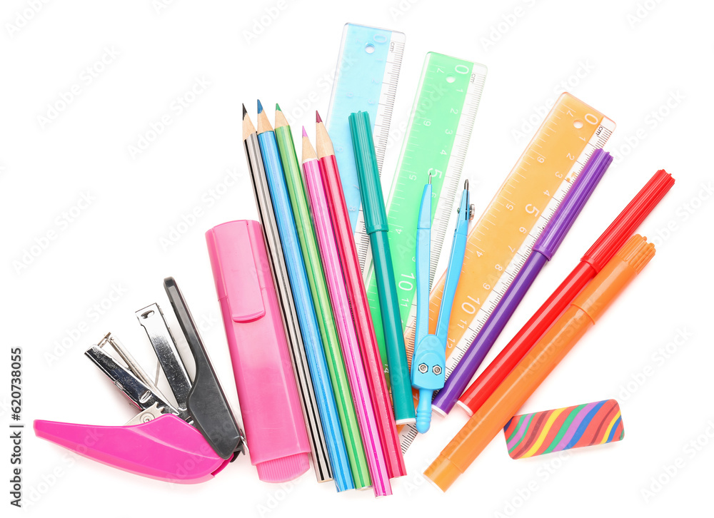 Colorful stationery supplies on white background