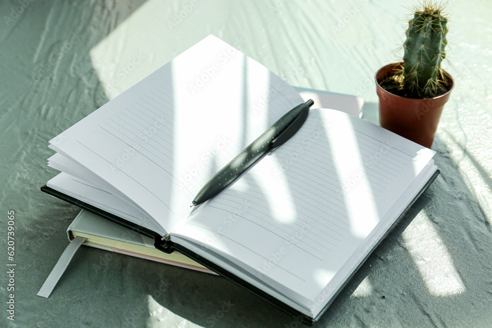 Blank notebook, pen and cactus on table