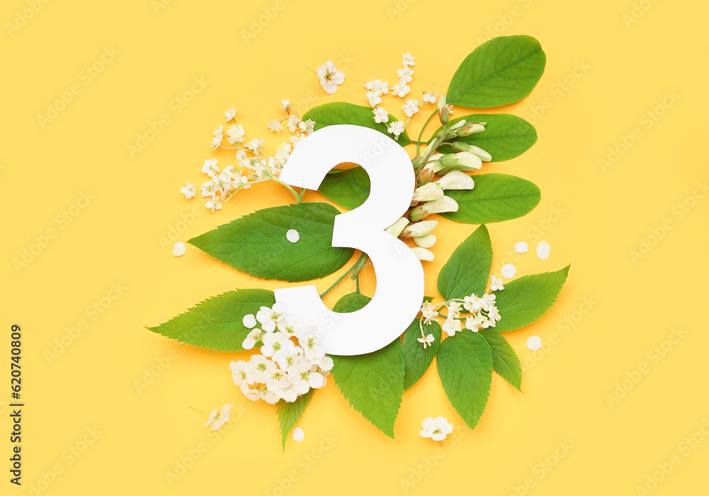 Green leaves and flowers with paper number three on yellow background