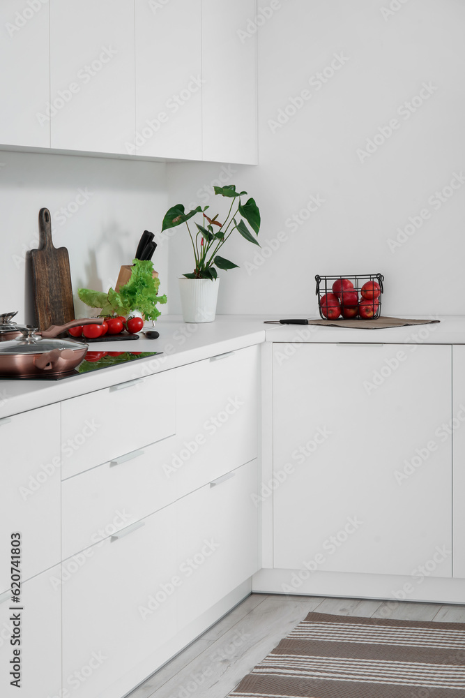 Interior of light kitchen with white counters, electric stove and houseplant