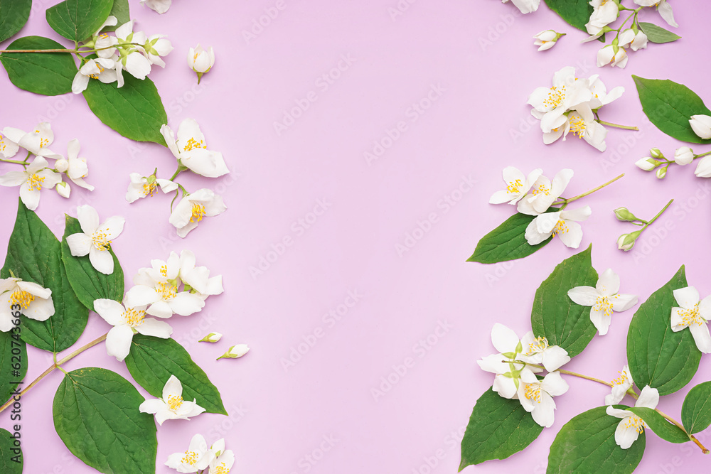 Composition with beautiful jasmine flowers and leaves on lilac background