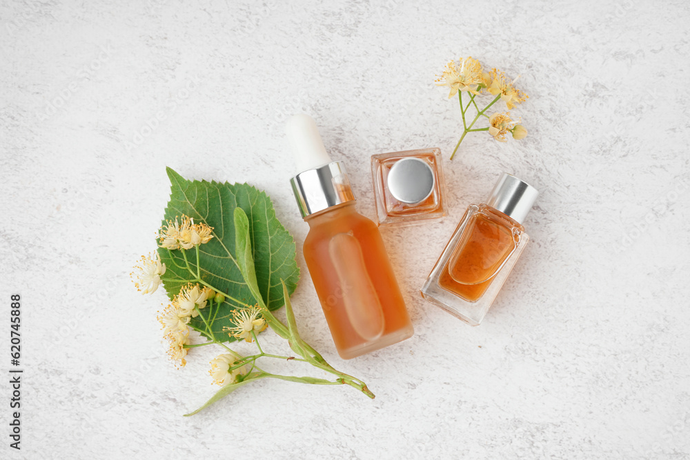 Bottles of essential oil and fresh linden flowers on light background