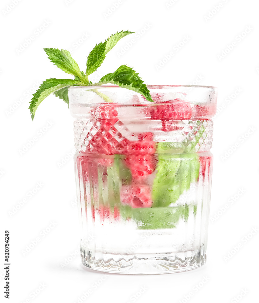 Glass of fresh raspberry lemonade with mint on white background