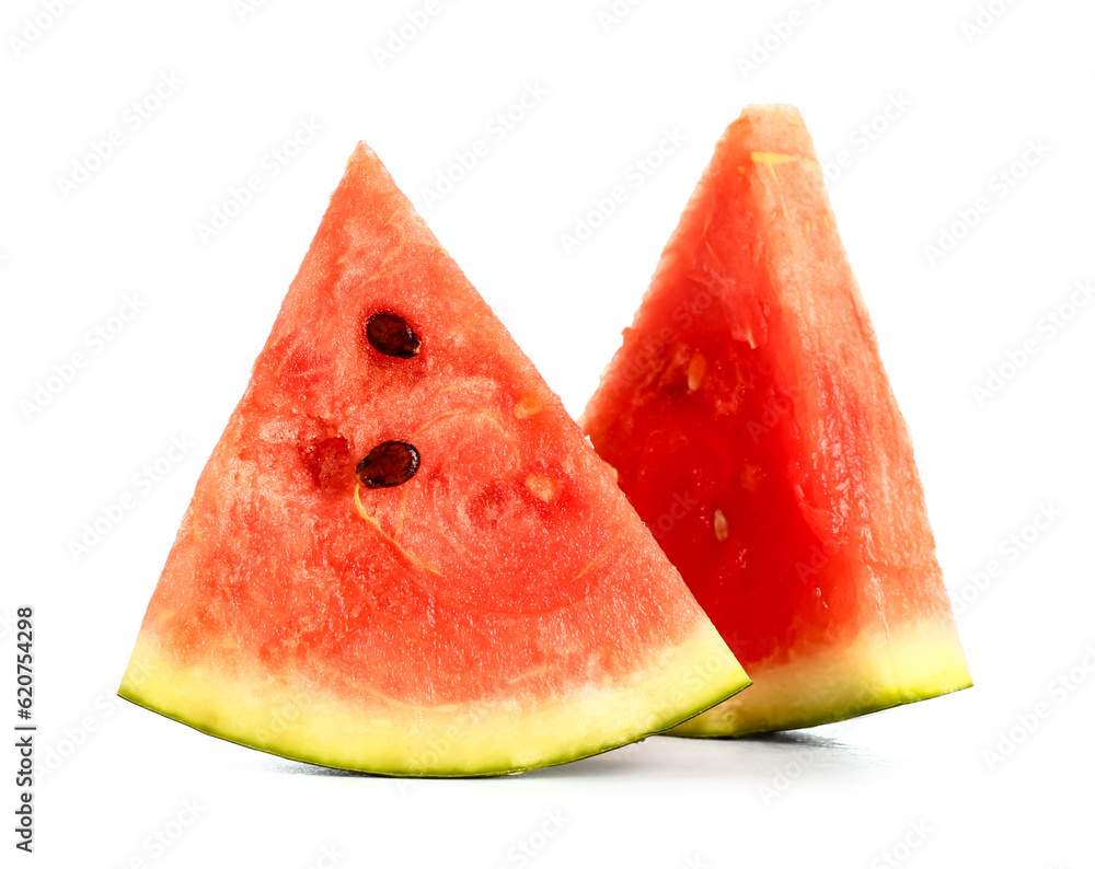 Pieces of fresh watermelon on white background