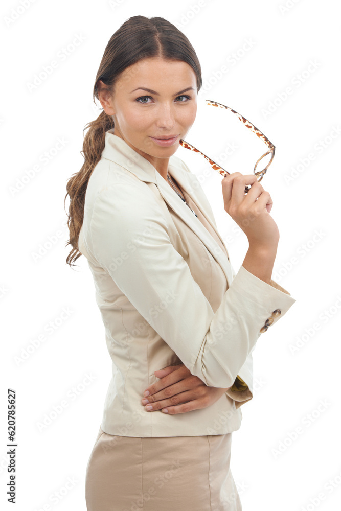 Portrait, woman and holding glasses with professional in png or isolated and transparent background 