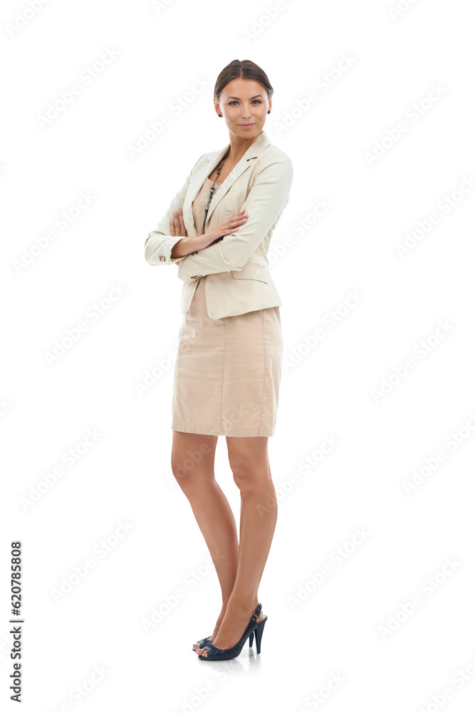 Business woman, arms crossed and portrait with professional mindset and lawyer with ambition on tran