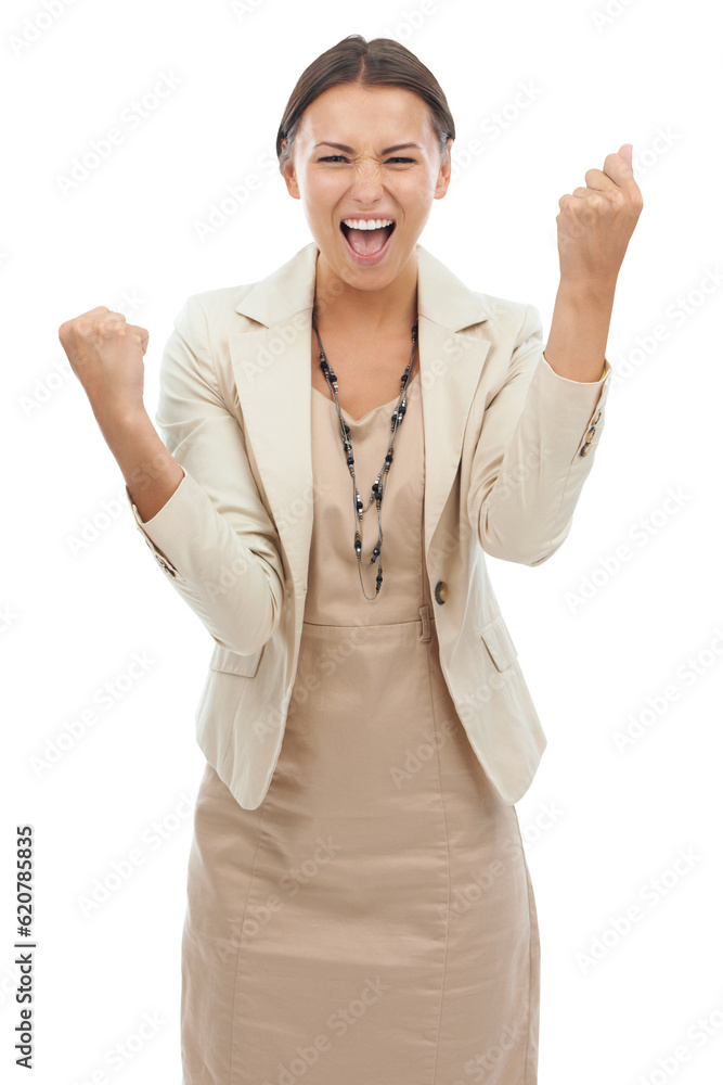 Victory, excited and fist with business woman in portrait for png or transparent and isolated backgr