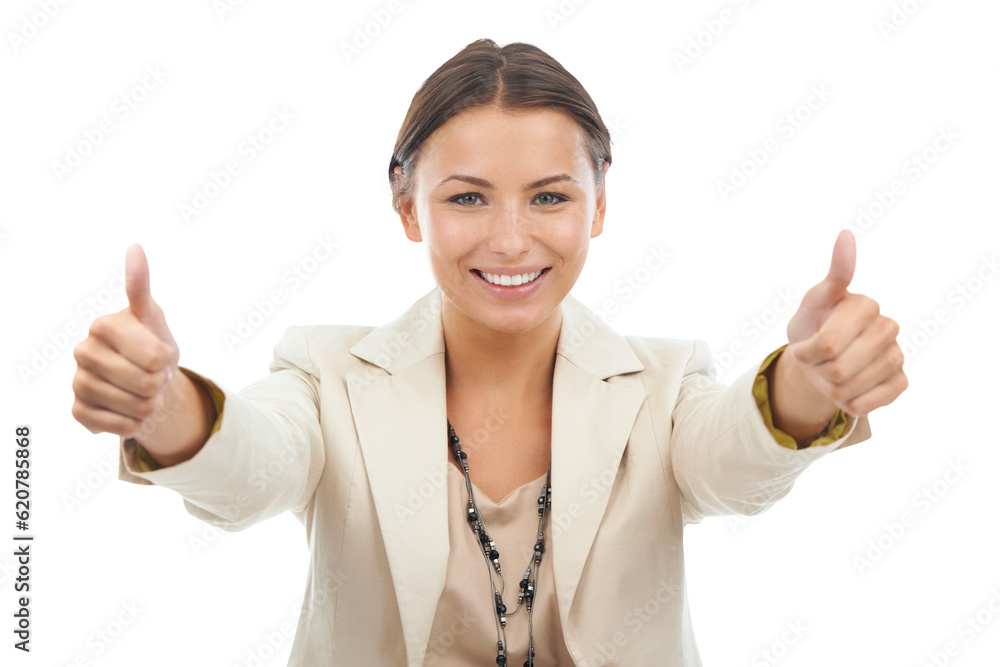 Business woman, thumbs up and emoji with agreement and yes, smile in portrait isolated on png transp