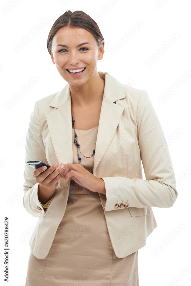 Business woman, portrait and smile with smartphone for social network, mobile contact and isolated o