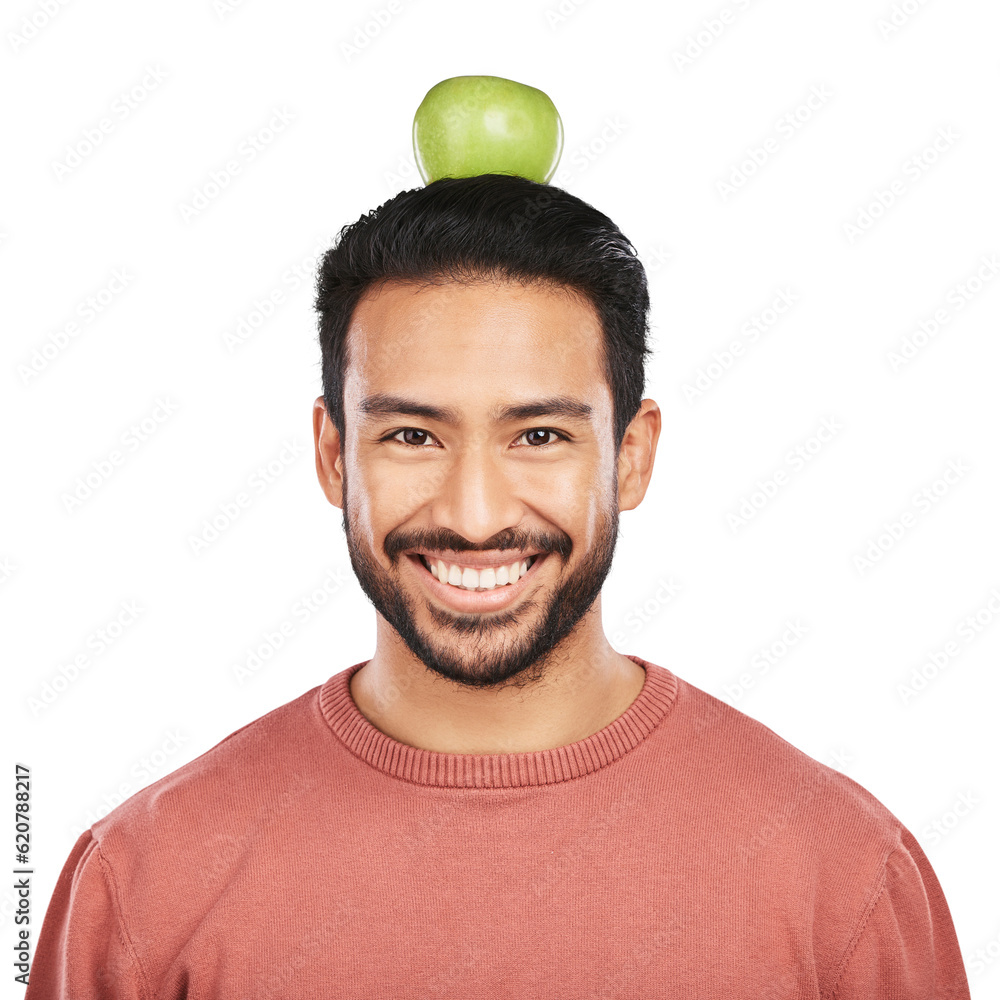 Balance, health and portrait of man with apple on head on isolated, png and transparent background f