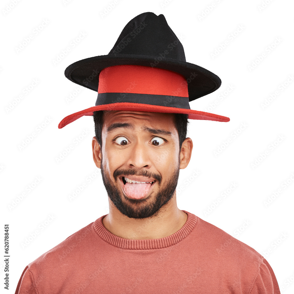 Goofy, asian man and silly hat with comic face in png or isolated and transparent background. Crazy,