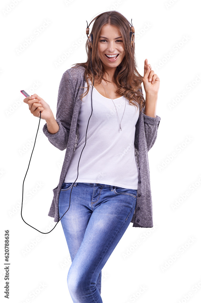 Dance, girl and music with headphones in portrait in png or isolated in transparent background. Woma