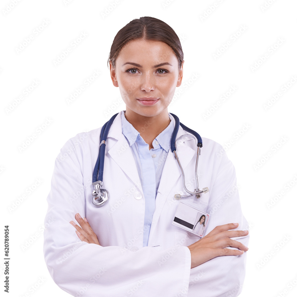 Serious doctor, portrait and woman with arms crossed isolated on a transparent png background. Medic