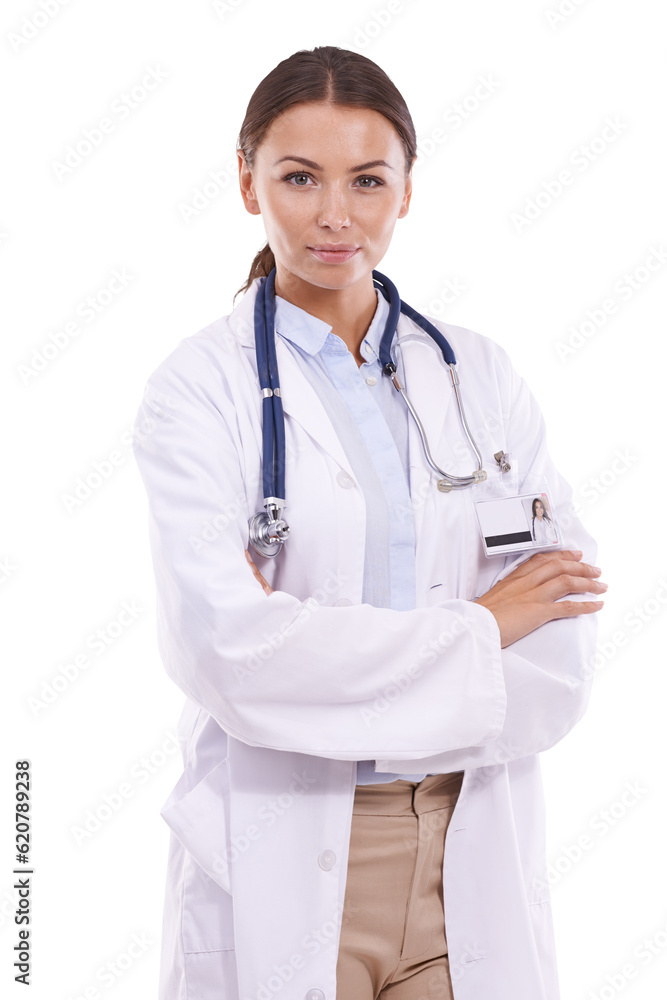 Portrait, serious doctor or woman with arms crossed isolated on a transparent png background. Medica