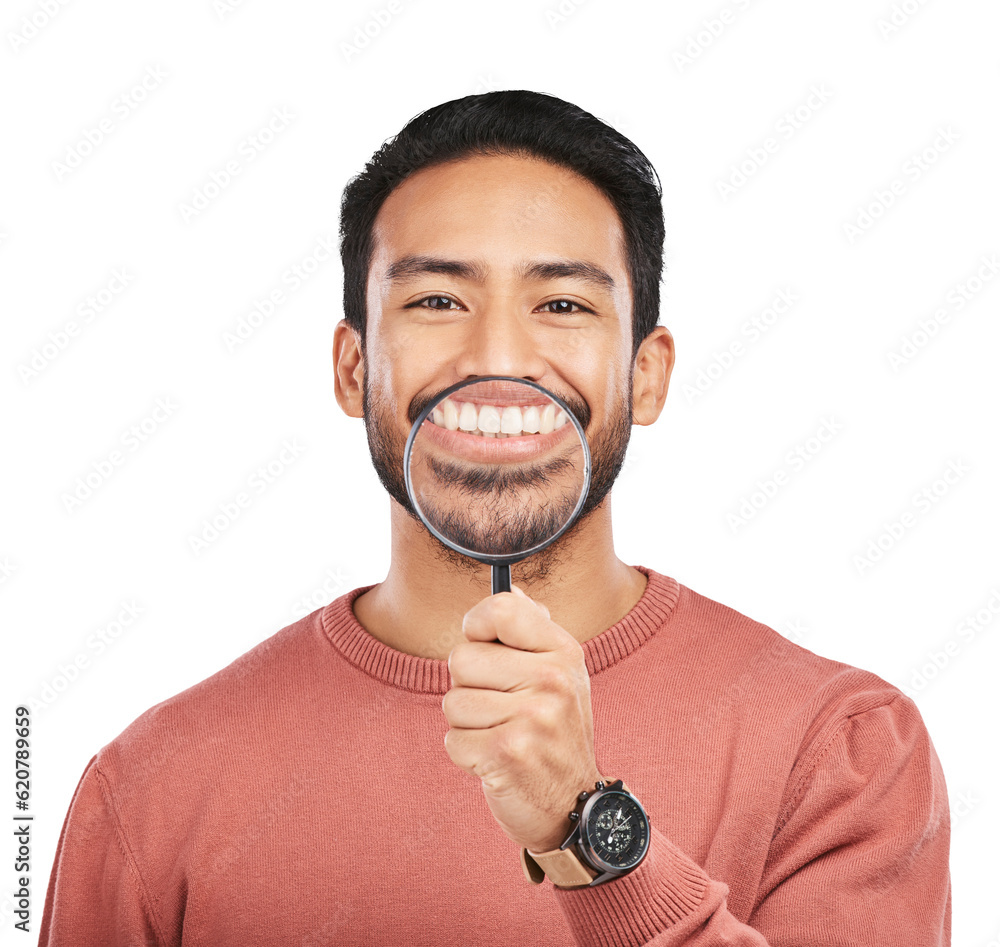 Asian man, teeth and magnifying glass in portrait with smile in png or isolated and transparent back