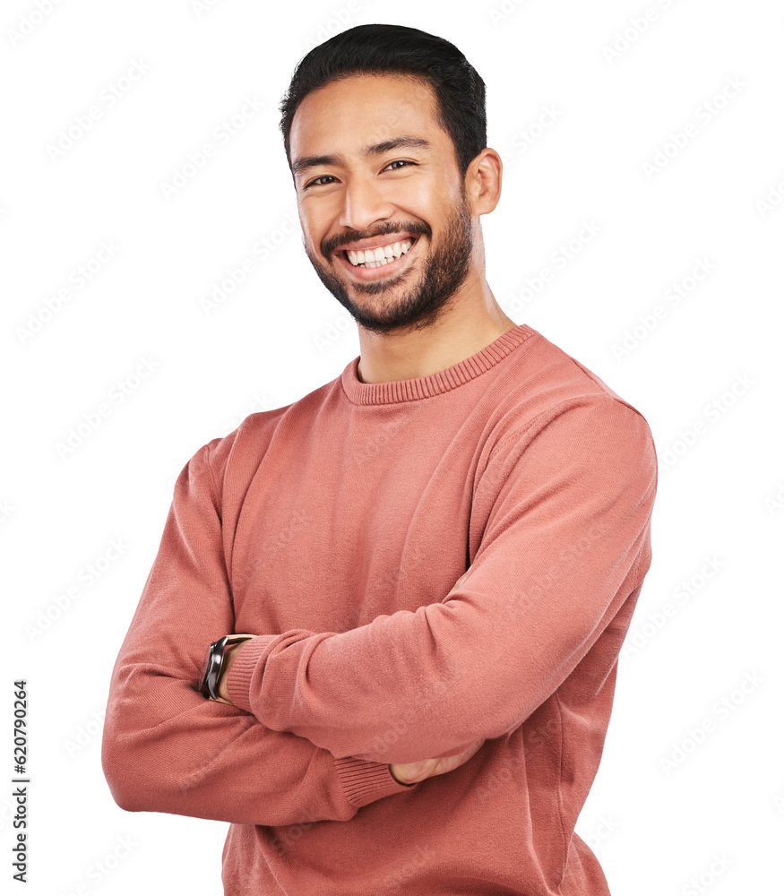 Smile, portrait of man with arms crossed and isolated on transparent png background, confidence with