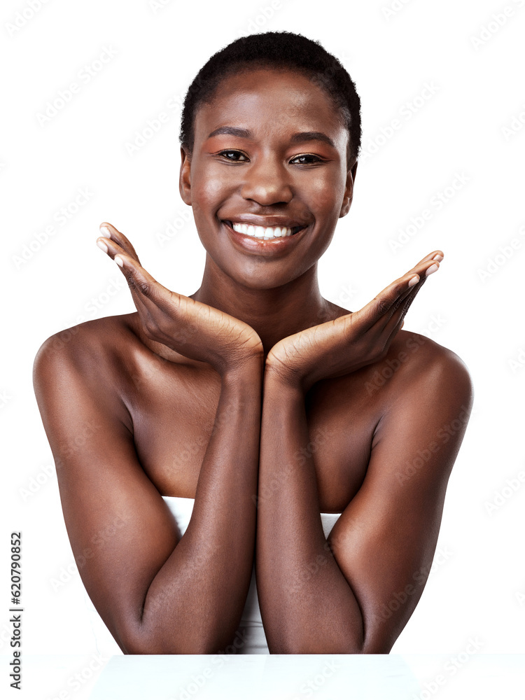 Portrait, skincare hands and black woman isolated on a transparent png background. Natural beauty, c