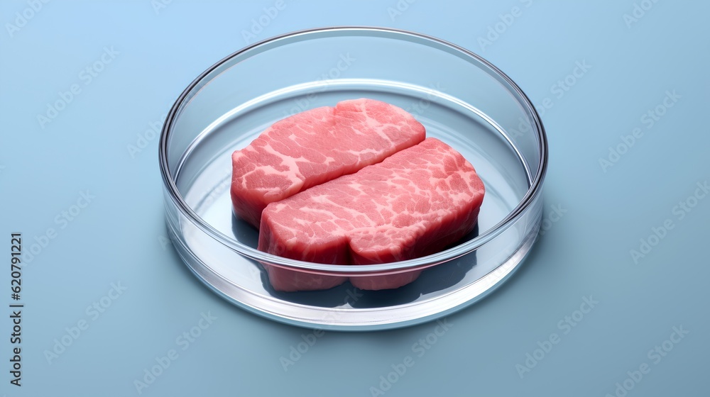 Cultured meat concept, a laboratory setting presents a petri dish nurturing lab-grown meat, promisin