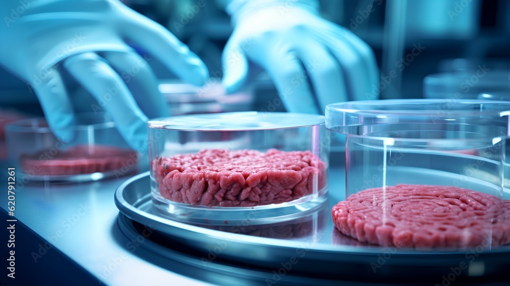 Cultured meat concept, a laboratory setting presents a petri dish nurturing lab-grown meat, promisin