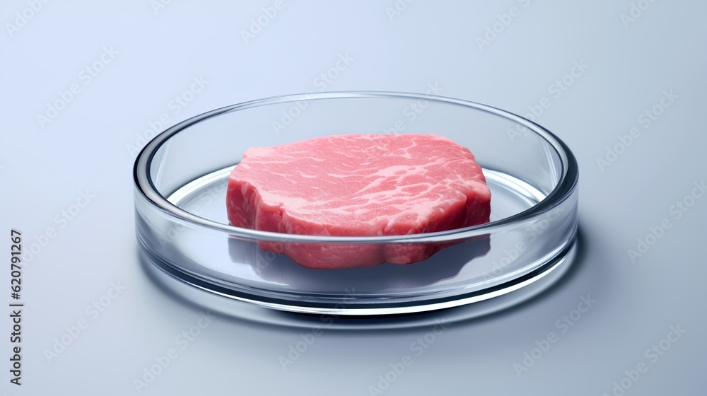 Cultured meat concept, a laboratory setting presents a petri dish nurturing lab-grown meat, promisin