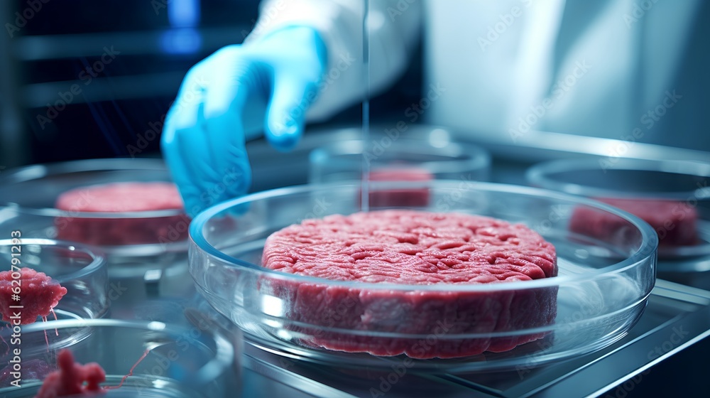 Cultured meat concept, a laboratory setting presents a petri dish nurturing lab-grown meat, promisin