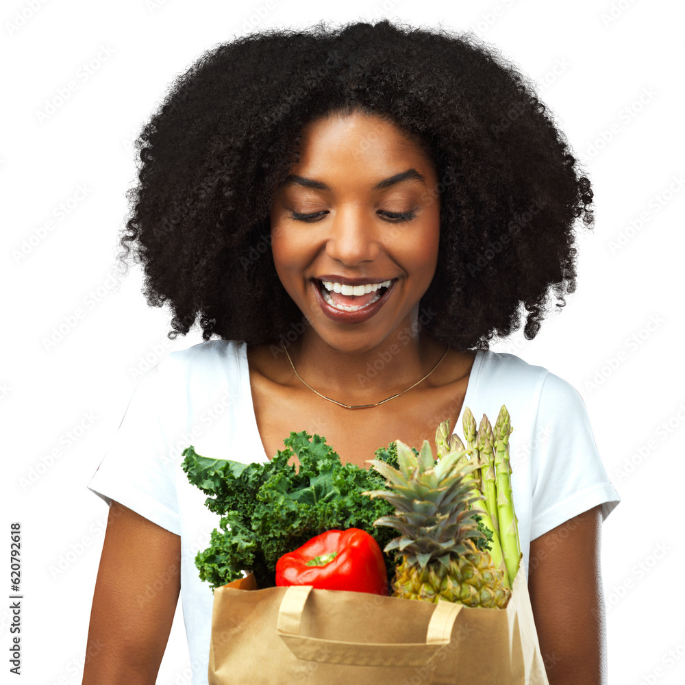 Nutrition, black girl and grocery bag for diet with vegetables in png or isolate and transparent bac