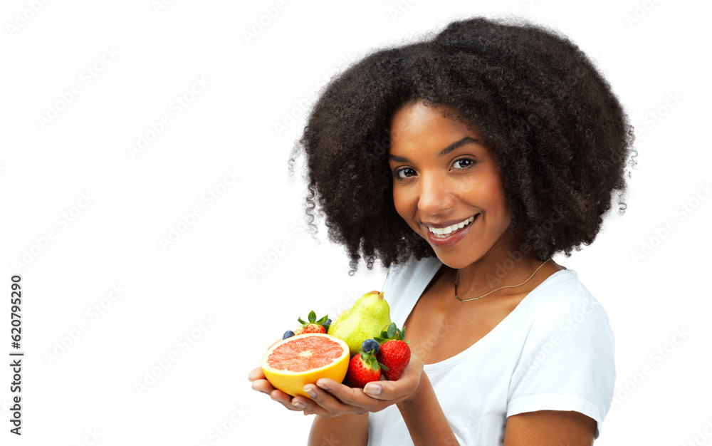 Fruit, healthy eating and a woman with food for diet, lose weight and wellness. Portrait of black fe