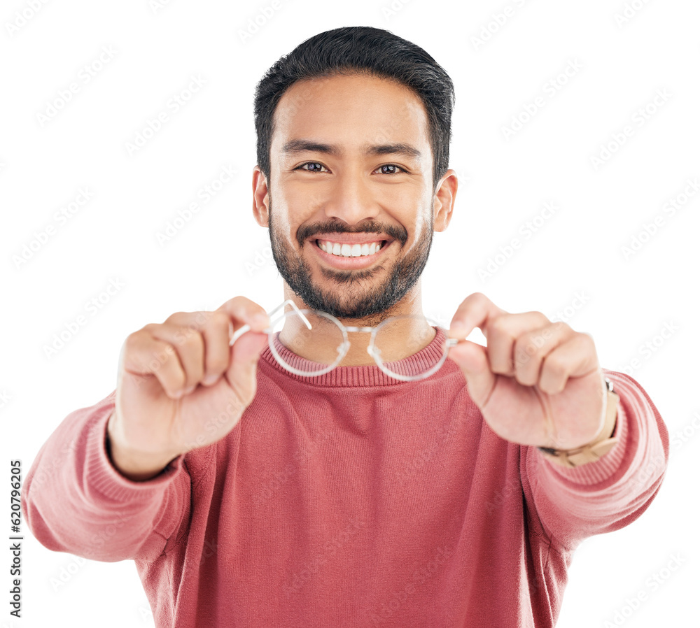 Glasses, smile and portrait of man showing frames or eyewear choice isolated in a transparent or png