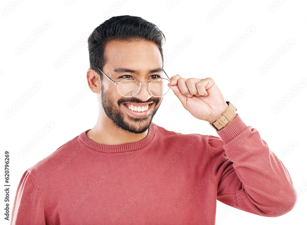 Asian man, holding and glasses with smile for lens in png or isolated or transparent background. Eye