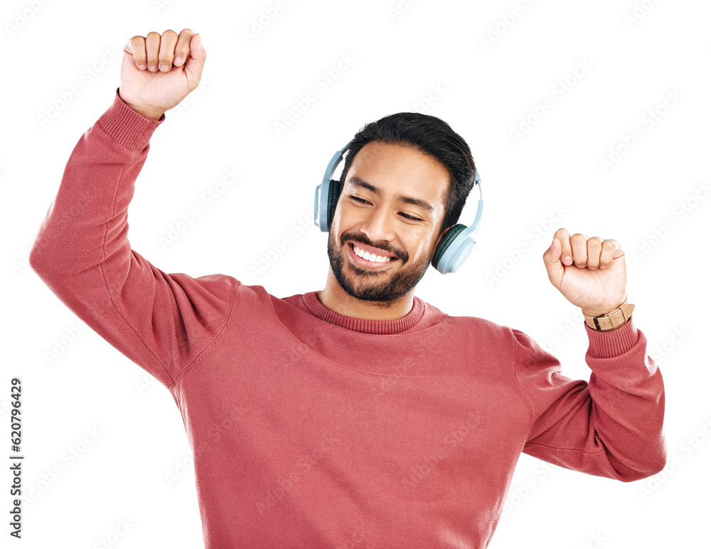 Headphones, dancing and young man with radio, music or album with energy and happiness. Excited, hap