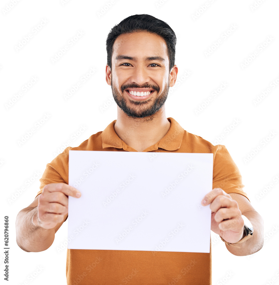 Portrait, asian man and mockup poster with smile for advertising in png or isolated and transparent 