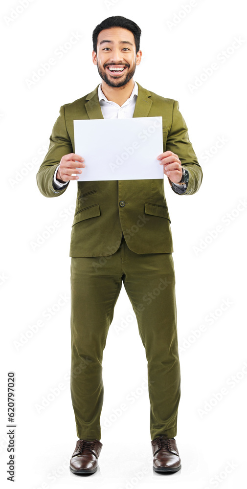 Businessman, portrait and billboard for advertising, marketing or sign isolated on a transparent PNG